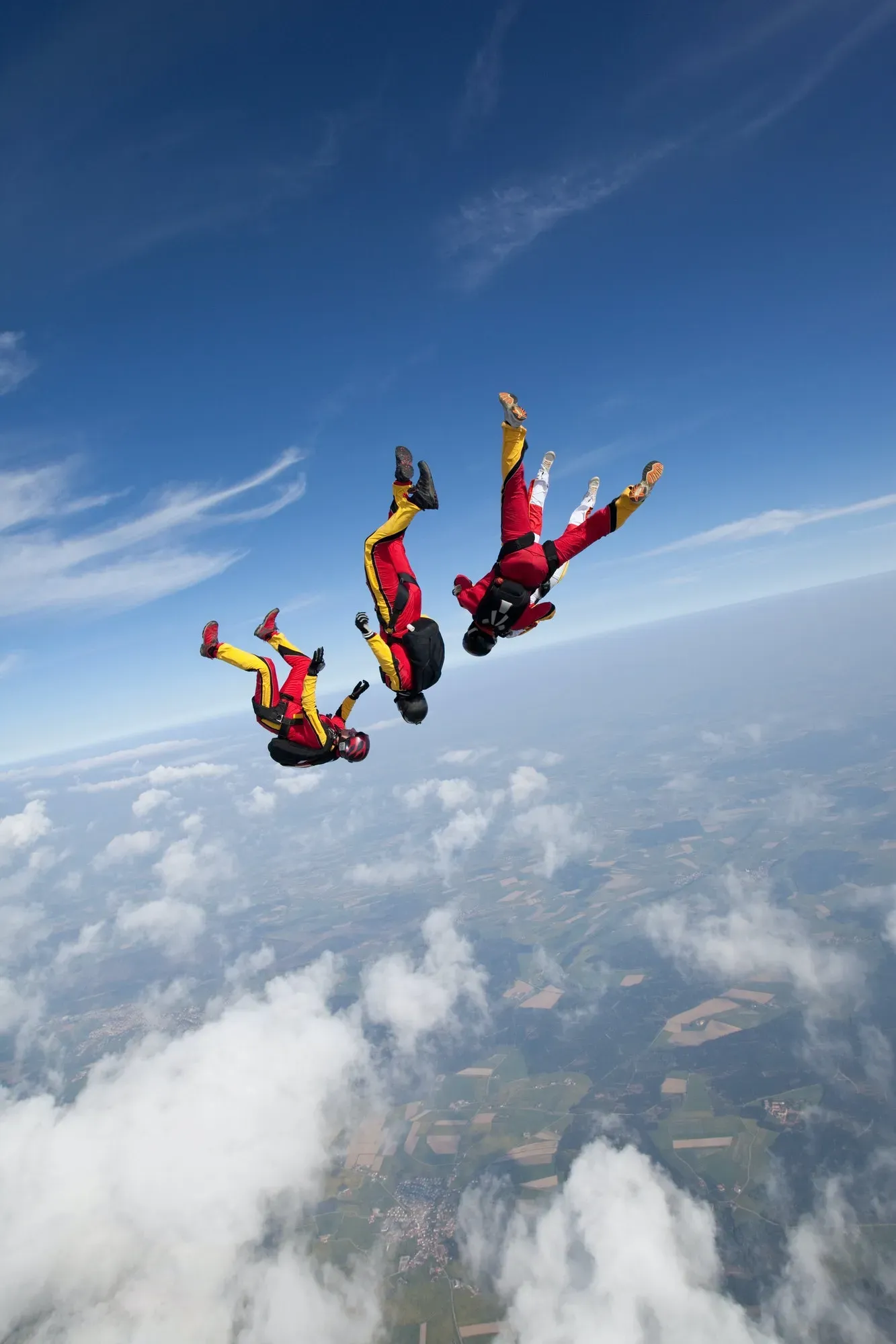 Skydivers flying together in freefall