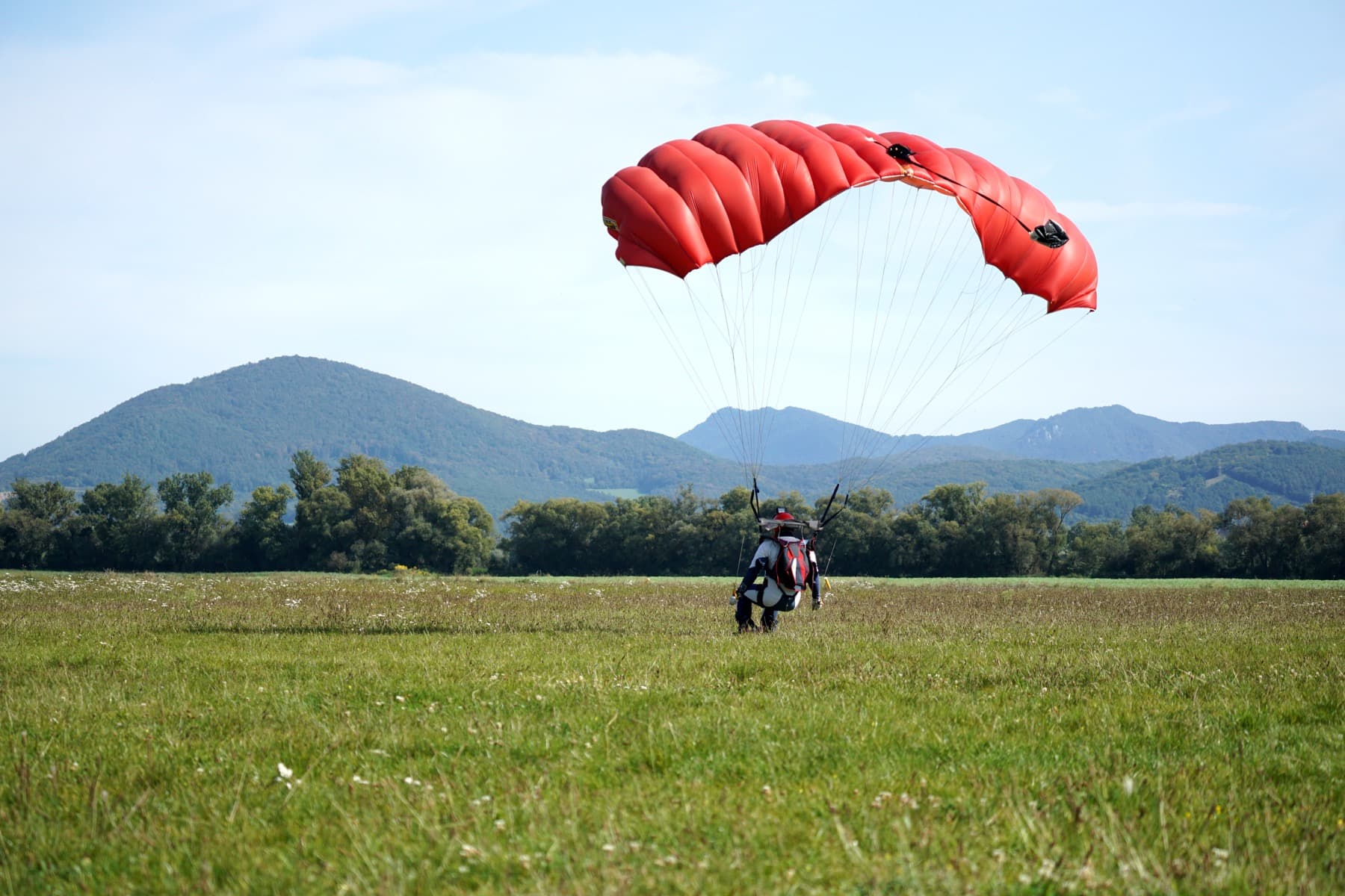 Red canopy on final approach just above the dropzone
