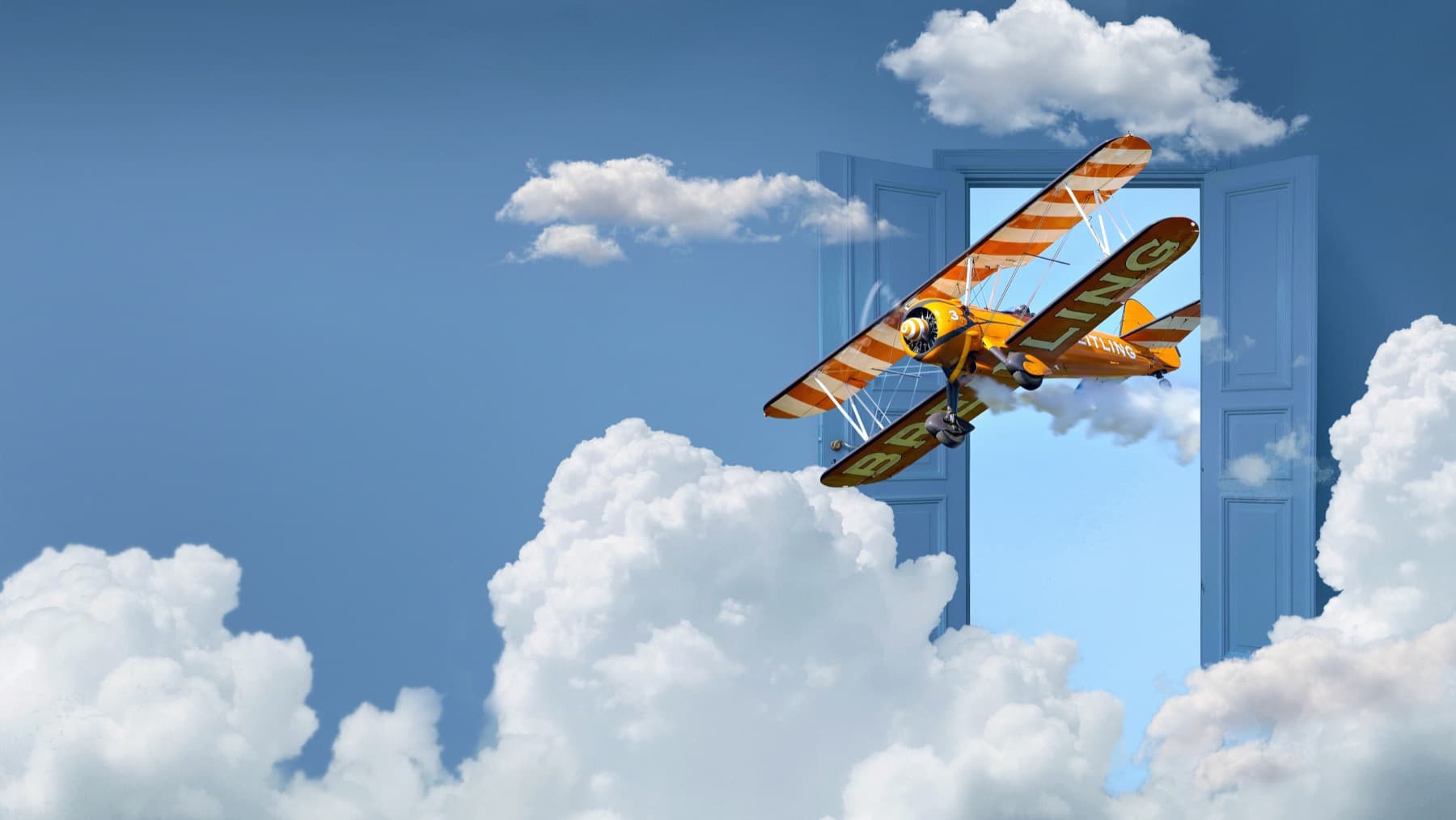 The open door of a jump aircraft with open sky beyond it